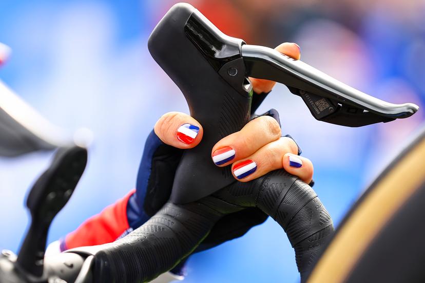 Illustration picture shows a French flag at the start of the elite women road race at the UCI World Championships Cycling, in Glasgow, Scotland, Sunday 13 August 2023. UCI organizes the worlds with all cycling disciplines, road cycling, indoor cycling, mountain bike, BMX racing, road paracycling and indoor paracycling, in Glasgow from 05 to 13 August. BELGA PHOTO DAVID PINTENS