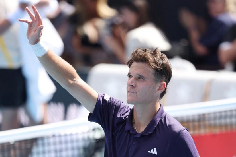 Jakub Mensik of the Czech Republic celebrates his victory against Fabian Marozsan of Hungary during their men's singles semi-final match at the ATP Auckland Classic tennis tournament in Auckland on January 16, 2026.  Michael Bradley / AFP