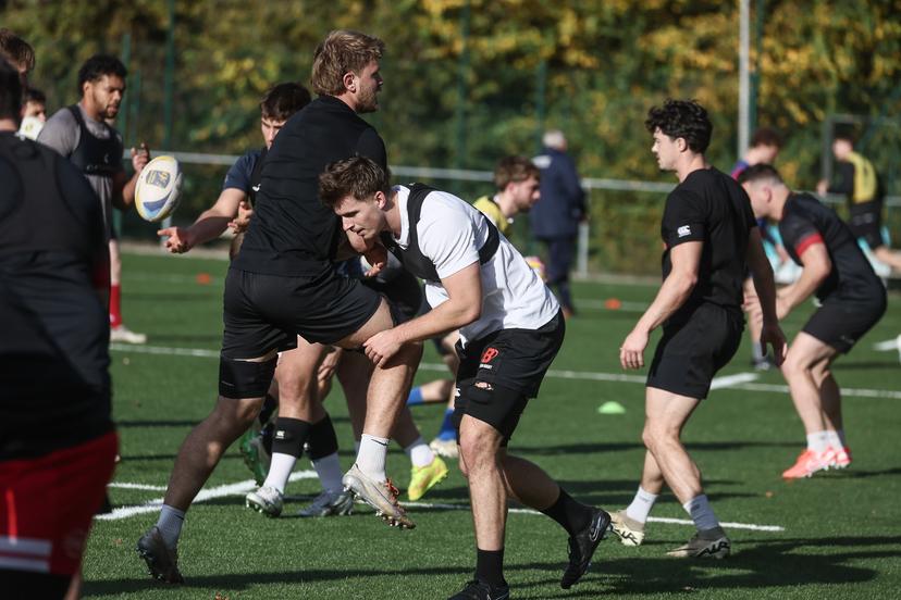 Belgium's players pictured during a training session of the Black Devils, the Belgian national rugby team, at the Nelson Mandela Stadium in Neder-Over-Heembeek, Brussels, Sunday 02 November 2025. The team is preparing for the qualification games for the World Cup. BELGA PHOTO BRUNO FAHY