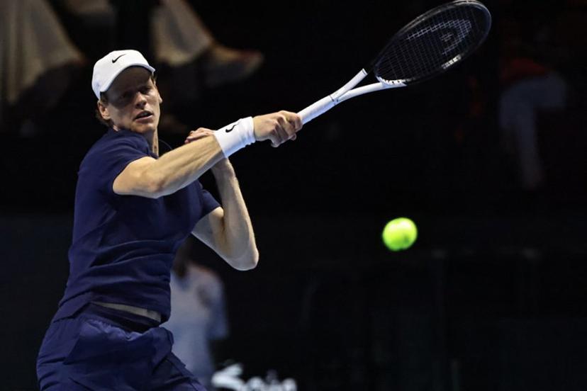 Italy's Jannik Sinner hits a return against Spain's Carlos Alcaraz during the final the Six Kings Slam exhibition tennis tournament in Riyadh on October 18, 2025.  Fayez NURELDINE / AFP