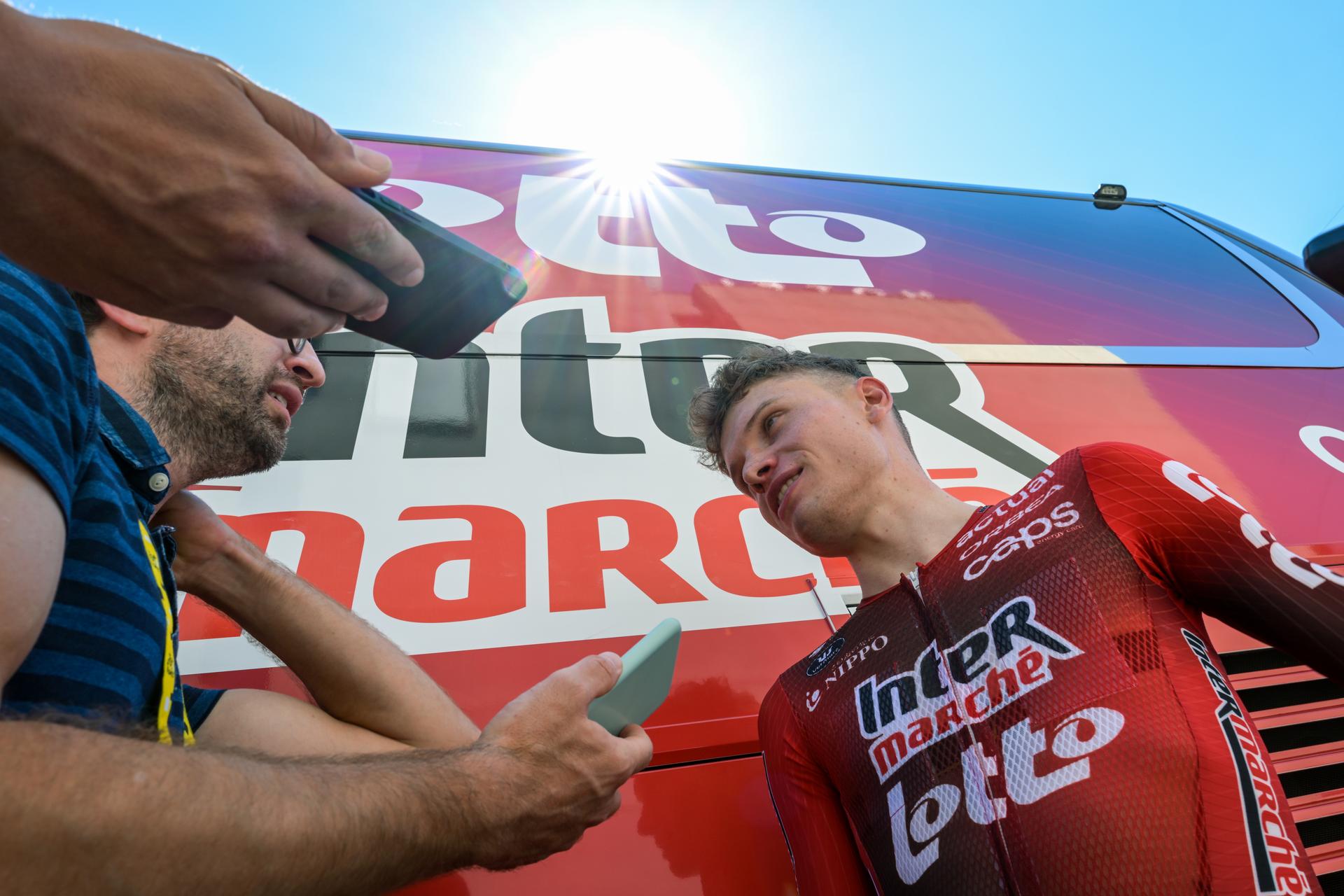 Belgian Lennert Van Eetvelt of Lotto-Intermarche pictured during a press conference ahead of the 2026 Tour de France cycling race, Friday 03 July 2026, in Barcelona, Spain. The 113th edition of the Tour de France starts on Saturday 4 July in Barcelona, Spain, and will finish in Paris, France on the 26th of July. BELGA PHOTO DAVID PINTENS