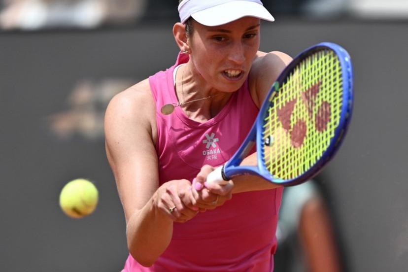 Belgium's Elise Mertens hits a return to Italy's Jasmine Paolini during the WTA Rome Open tennis tournament at Foro Italico in Rome on May 9, 2026.   Tiziana FABI / AFP