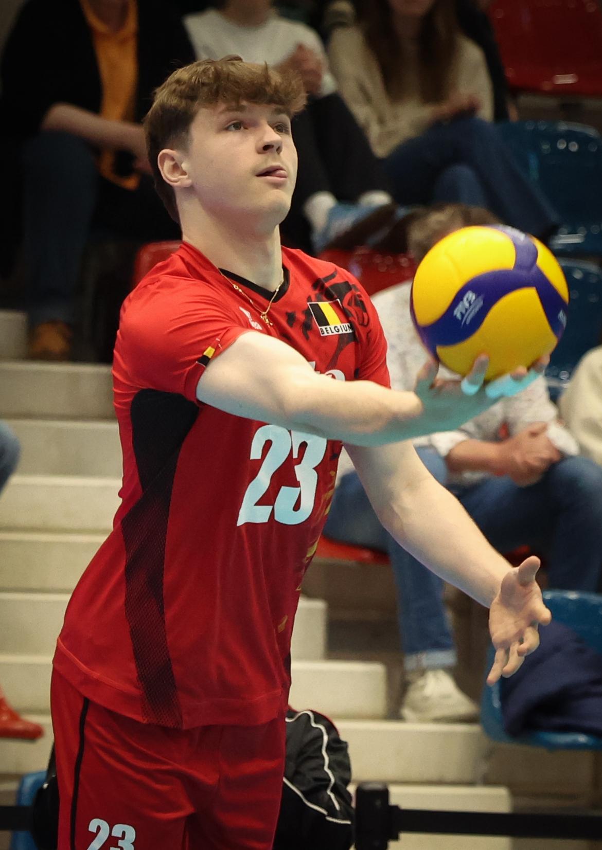 Belgium's Pierre Perin pictured in action during a volleyball match between Belgium's national men's volleyball team, the Red Dragons, and the Azeri national men's volleyball team, in match 3/6 of the League Round of the European Golden League men, in Beveren, Friday 24 May 2024. BELGA PHOTO VIRGINIE LEFOUR