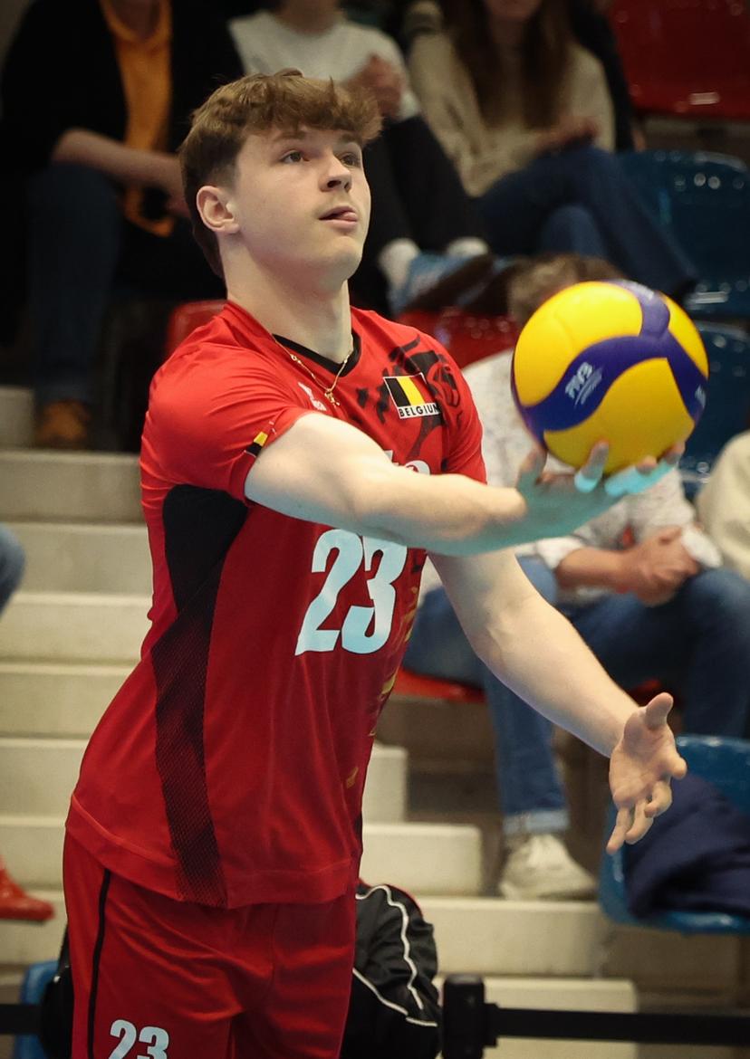 Belgium's Pierre Perin pictured in action during a volleyball match between Belgium's national men's volleyball team, the Red Dragons, and the Azeri national men's volleyball team, in match 3/6 of the League Round of the European Golden League men, in Beveren, Friday 24 May 2024. BELGA PHOTO VIRGINIE LEFOUR