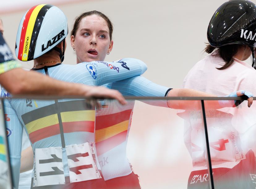 Belgian Shari Bossuyt and Belgian Katrijn De Clercq look dejected after the women's madison final round at the 2025 UCI Track World Championships, in Santiago, Chile, Saturday 25 October 2025. The Track World Championships take place from 22 to 26 October at the Velodromo de Penalolen in Santiago, Chile. BELGA PHOTO BENOIT DOPPAGNE