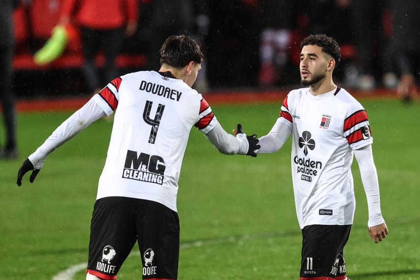 Rwdm's Djovkar Doudaev and Rwdm's Ilyes Ziani pictured during a soccer match between RWD Molenbeek and RFC Seraing, Friday 28 March 2025 in Brussels, on day 27 of the 2024-2025 'Challenger Pro League' 1B second division of the Belgian championship. BELGA PHOTO BRUNO FAHY