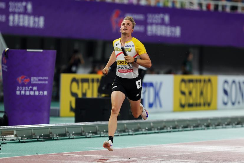 Belgian Athlete Simon Verherstraeten pictured in action during the men 4x100m relay heats, at the world relay championships, on Saturday 10 May 2025 in Guangzhou, China. The world relay championships in Guangzhou take place from 10 to 11 May. BELGA PHOTO NIKOLA KRSTIC