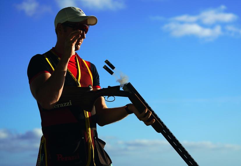 Belgian clay shooting athlete Yannick Peeters pictured in action during the BOIC-COIB Belgian Olympic Committee sports camp, Tuesday 14 November 2017, in Lanzarote, Spain. BELGA PHOTO ERIC LALMAND