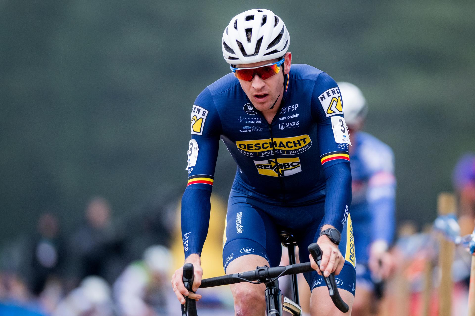 Belgian Toon Aerts pictured in action during the men's elite race of the Krawatencross cyclocross in Lille, stage 7 (out of 8) in the X2O Trofee Veldrijden competition, Sunday 09 February 2025. BELGA PHOTO JASPER JACOBS