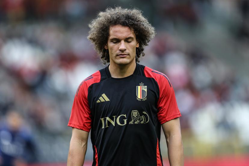 Belgium's Wout Faes pictured in action during the warming-up for a soccer game between Belgian national team Red Devils and Wales, Monday 09 June 2025 in Bussels, the second (out of 8) qualification games for the World Cup 2026. BELGA PHOTO BRUNO FAHY