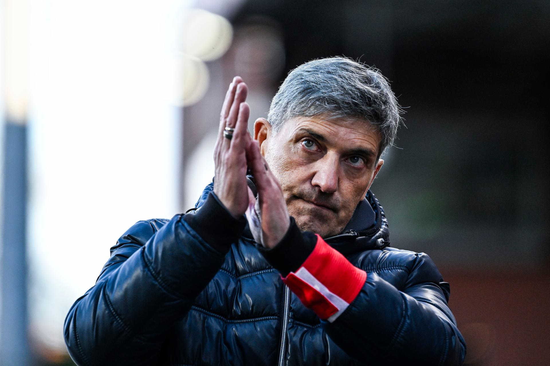 STVV's head coach Felice Mazzu celebrates after winning a soccer match between Beerschot VA and Sint-Truidense VV, Saturday 29 March 2025 in Antwerp, on day 1 (out of 6) of the Relegation Play-offs of the 2024-2025 'Jupiler Pro League' first division of the Belgian championship. BELGA PHOTO TOM GOYVAERTS