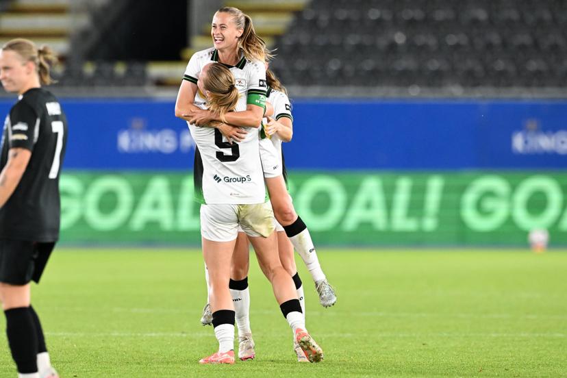 OHL's Julie Biesmans celebrates after scoring during a game between Oud-Heverlee Leuven Women and Poland women team Czarni Sosnowiec,  Wednesday 2 September 2026 in Leuven, a return leg in the third round qualification game in the UEFA Women's Champions League. OHL Women won 1-4 the first leg. BELGA PHOTO JILL DELSAUX