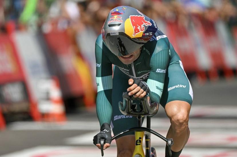 Team Visma-Lease a bike's Belgian rider Wout van Aert crosses the finish line of the 18th stage of the Vuelta a Espana 2026 cycling tour, a 32,1 km individual time-trial race between El Puerto de Santa Maria and Jerez de la Frontera, on September 10, 2026.   JORGE GUERRERO / AFP