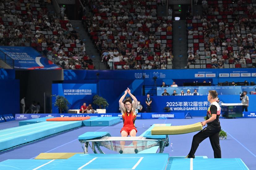 ATTENTION EDITORS - HANDOUT PICTURE - EDITORIAL USE ONLY - MANDATORY CREDIT BOIC - COIB   -  Belgian Brent Deklerck pictured in action during  the Double Mini Trampoline competition of the World Games 2025, in Chenghdu, China, on Saturday 9 AUgust 2025. This year, the World Games take place from 07 to 17 augustus. PHOTO HANDOUT BOIC - COIB