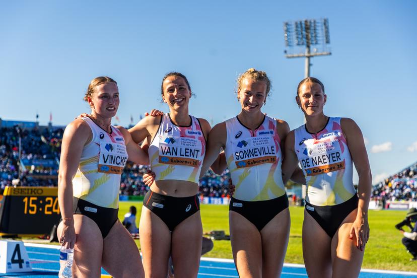 Rani VINCKE, Lotte Van Lent, Camille Sonneville and Janie De Nayer pictured before the women's 4x100m heats at the IAAF World Athletics Relays, Saturday 02 May 2026, in Gaborone, Botswana. BELGA PHOTO NIKOLA KRSTIC