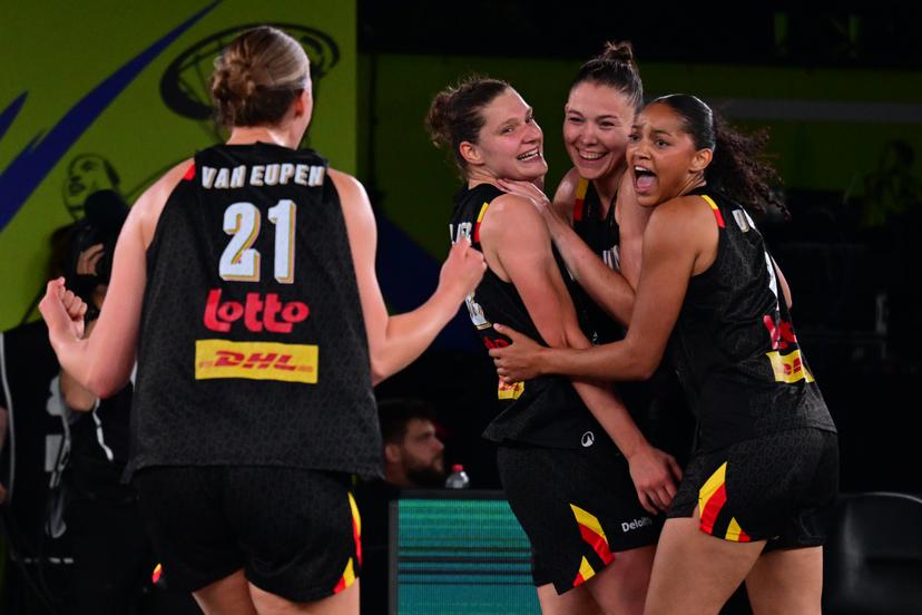 Belgian Cats celebrate after winning a 3x3 basketball game between Poland and Belgium, a qualifying game in Pool D at the FIBA 3x3 Europe Cup, on Friday 11 September 2026 in Antwerp. BELGA PHOTO DIRK WAEM