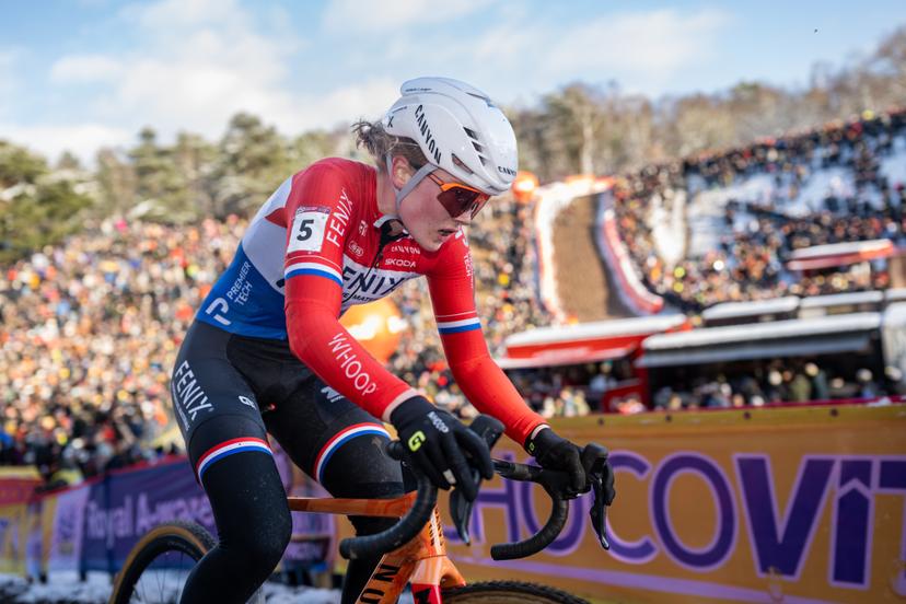 Dutch Puck Pieterse pictured in action during the women's elite race at the World Cup cyclocross cycling event in Zonhoven on Sunday 04 January 2026, stage 9 (out of 12) of the UCI World Cup competition. BELGA PHOTO DAVID PINTENS