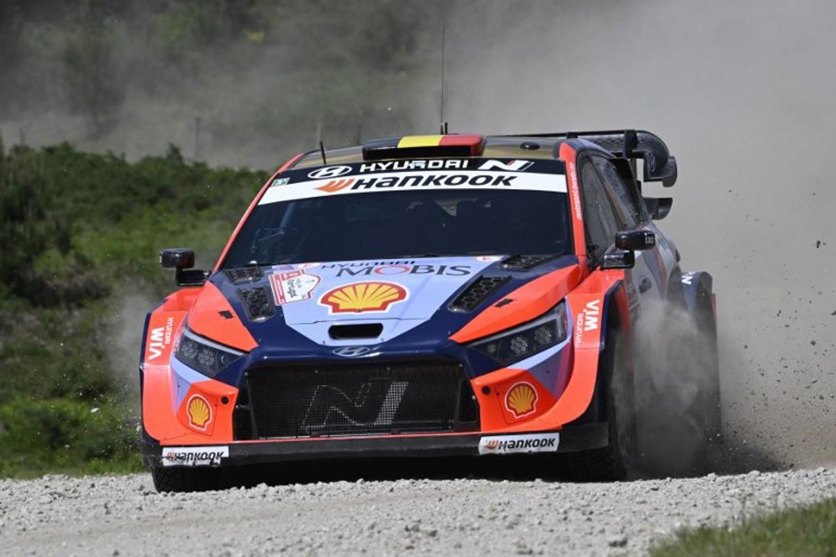 Belgian driver Thierry Neuville and co-driver Martijn Wydaeghe steer their Hyundai i20 during the SS15 stage of the World Rally Championship (WRC) Rally of Portugal in Vieira do Minho, on May 17, 2025.  MIGUEL RIOPA / AFP