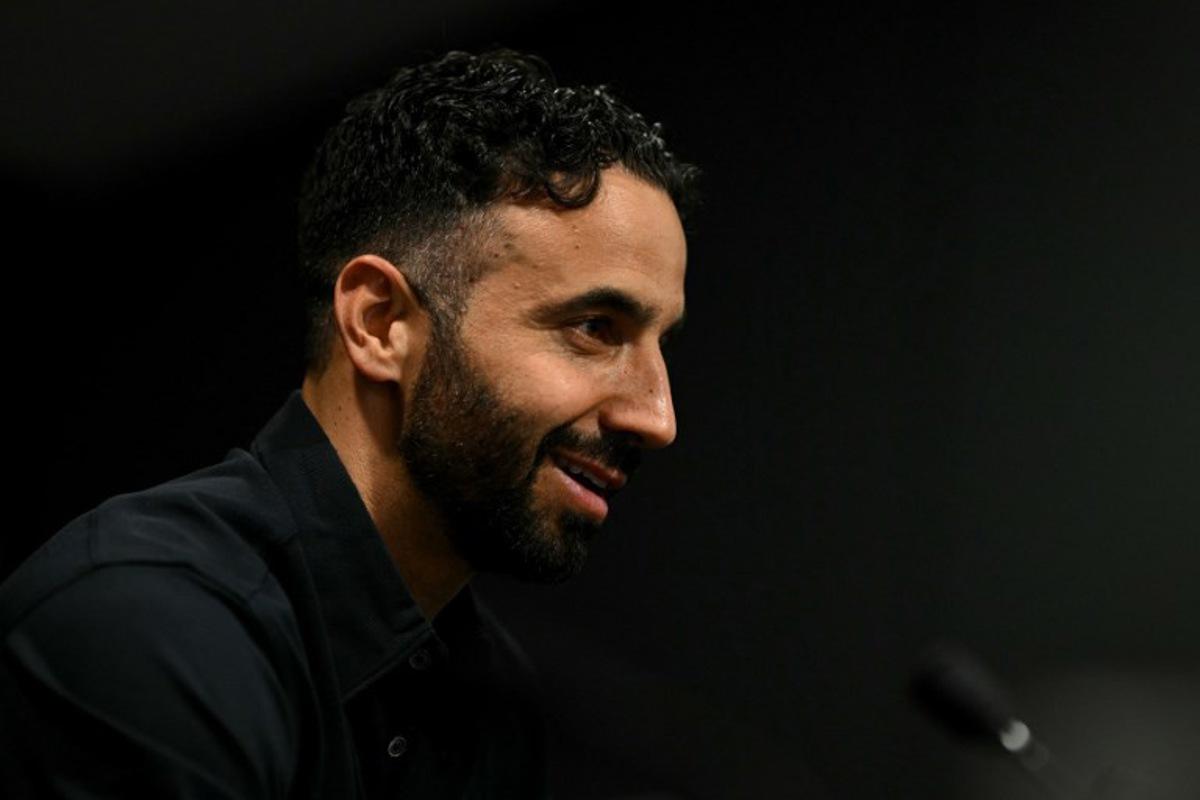 Manchester United's Portuguese head coach Ruben Amorim speaks during a press conference at Old Trafford in Manchester, north-west England on May 14, 2025 during a media day ahead of their UEFA Europa League final against Tottenham Hotspur. The UEFA Europa League final will take place on May 21 in Bilbao. Oli SCARFF / AFP