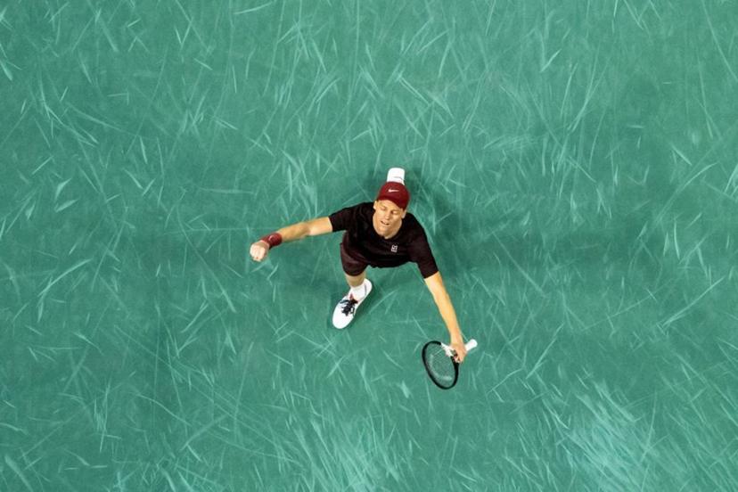 Italy's Jannik Sinner celebrates after winning against Canada's Felix Auger-Aliassime at the end of their men's singles final match on day seven of the Paris ATP Masters 1000 tennis tournament at the Paris La Défense Arena in Nanterre, on the outskirts of Paris, on November 2, 2025.  Sebastien DUPUY / AFP