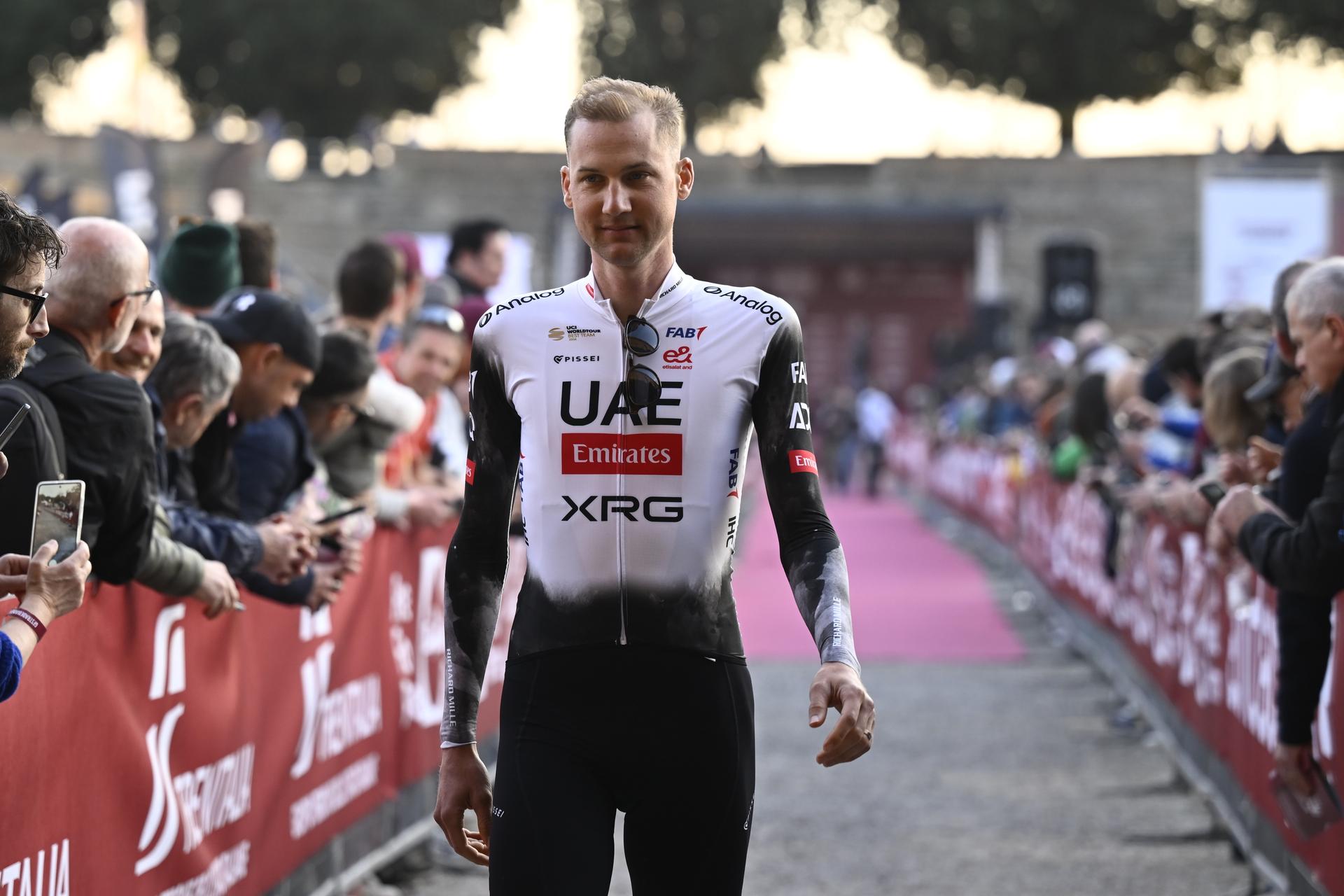 Belgian Tim Wellens of UAE Team Emirates and pictured during the team presentation for tomorrow's 'Strade Bianche' one day cycling race from and to Siena, Italy, . BELGA PHOTO DIRK WAEM