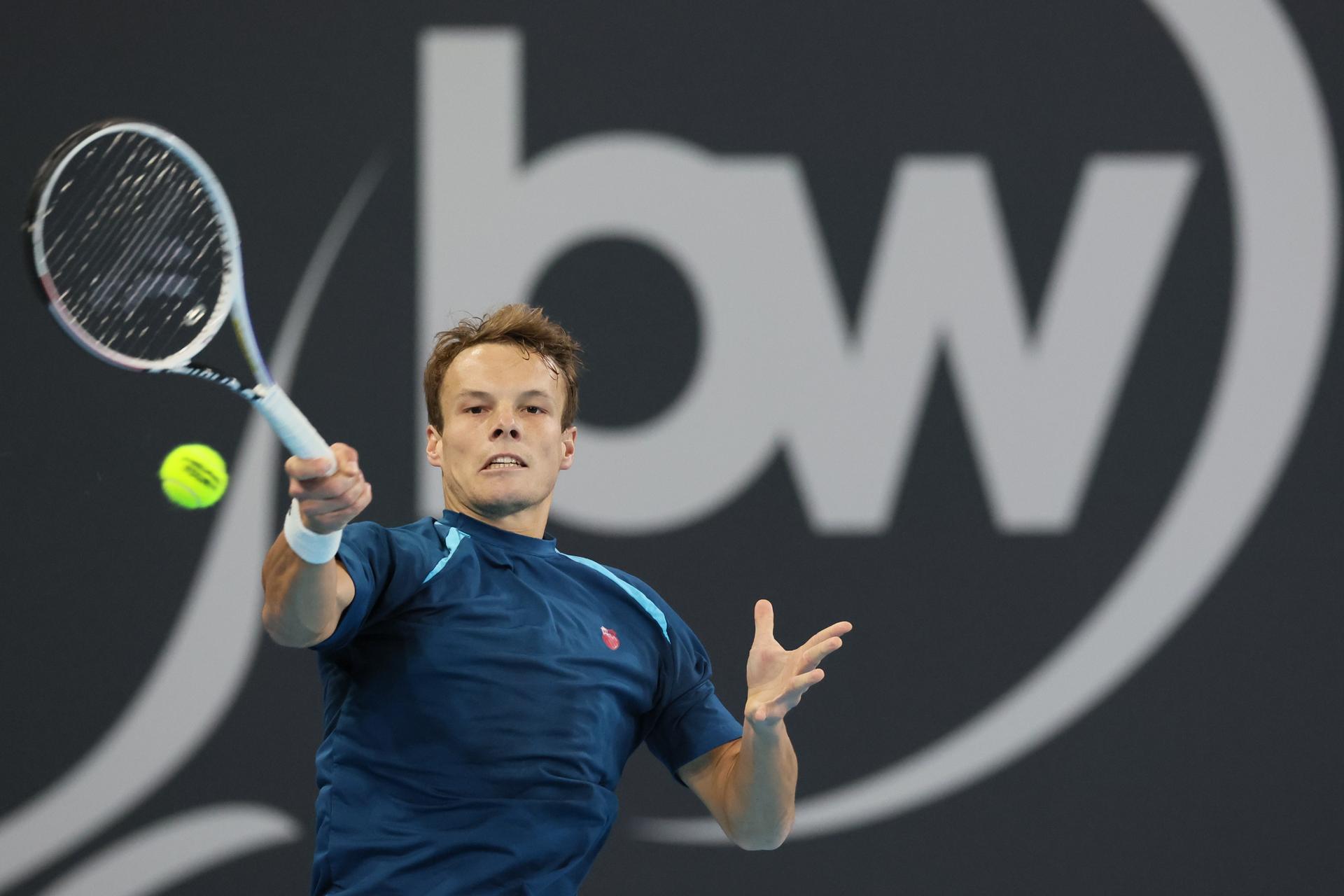 Belgian Michael Geerts pictured in action during a tennis match against Canadian Diez, a qualification for the men's singles at the BW Open ATP Challenger 125 tournament, in Louvain-la-Neuve,  Monday 22 January 2024. THE BW Open takes place from 22 to 28 January.  BELGA PHOTO BENOIT DOPPAGNE