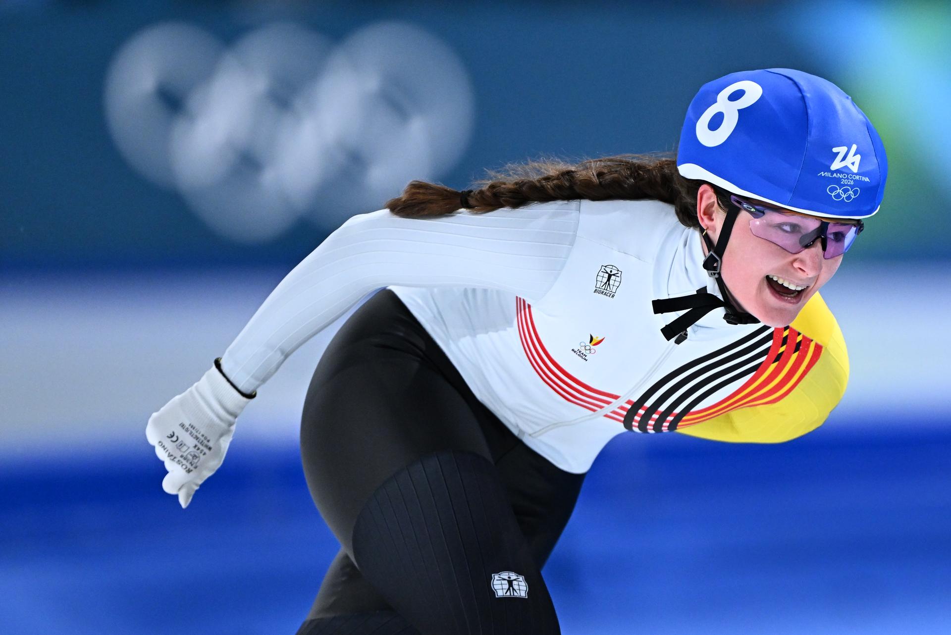 Belgian Fran Vanhoutte pictured in action during the final of the mass start women Speed Skating at the Milano Cortina 2026 Olympic Winter Games, on Saturday 21 February 2026 in Milan, Italy. The XXV Winter Olympics take place from 6 to 22 February 2026 in Italy. BELGA PHOTO JASPER JACOBS