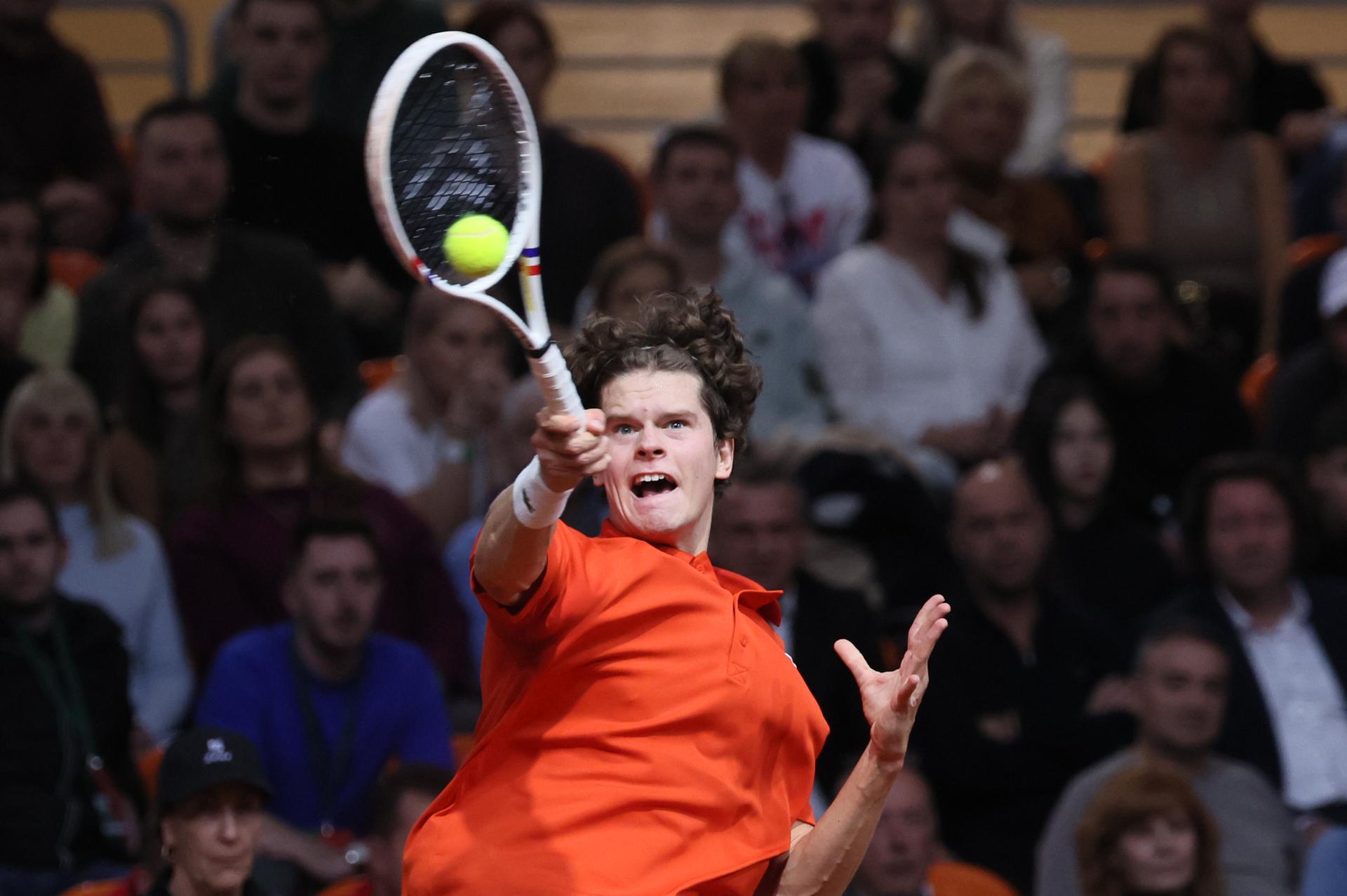 Belgian Alexander Blockx pictured in action during a tennis match against Bulgarian Radulov, during the qualifier of the Davis Cup on Saturday 07 February 2026, in Plovdiv, Bulgaria. Belgium will compete this weekend in the Davis Cup qualifiers against Bulgaria. BELGA PHOTO BENOIT DOPPAGNE