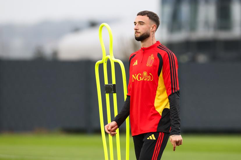 Belgium's Zeno Debast pictured during a training session of the Red Devils, the Belgian national soccer team, in Tubize on Tuesday 24 March 2026. The team is preparing for its friendly games against the United States and Mexico. These games are preparation games of the 2026 World Cup. BELGA PHOTO BRUNO FAHY