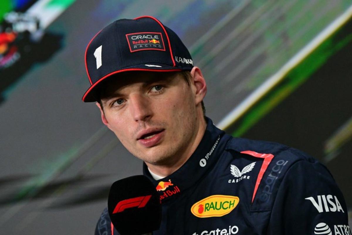 Pole position winner Red Bull Racing's Dutch driver Max Verstappen talks to reporters after the qualifying round for the 2025 Saudi Arabia Formula One Grand Prix at the Jeddah Corniche Circuit on April 19, 2025.  Giuseppe CACACE / AFP