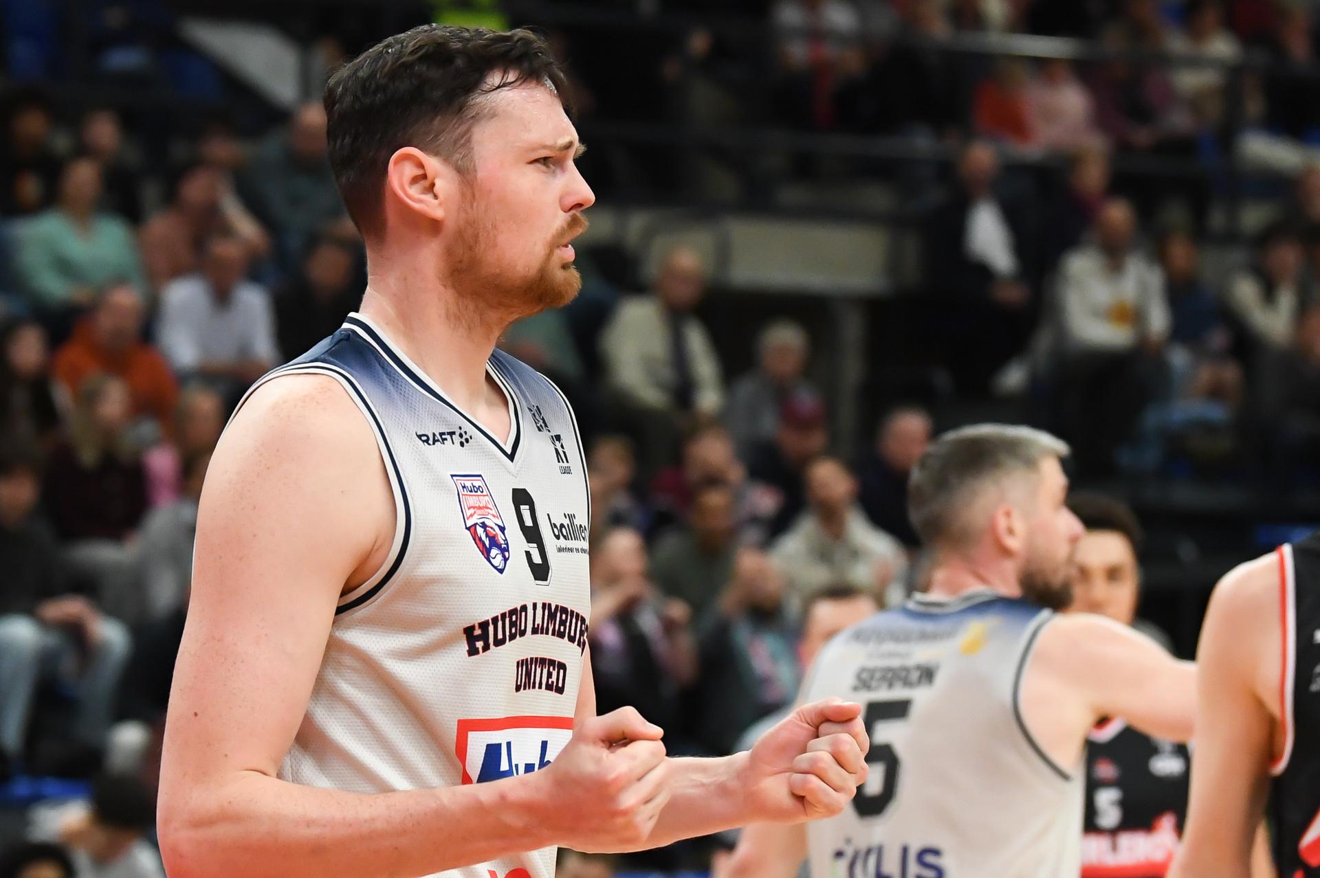 Limburg's Jonas Delalieux looks dejected during a basketball match between Limburg United and Spirou Charleroi, Wednesday 12 March 2025 in Hasselt, on day 25 of the 'BNXT League' first division basket championship. BELGA PHOTO JILL DELSAUX