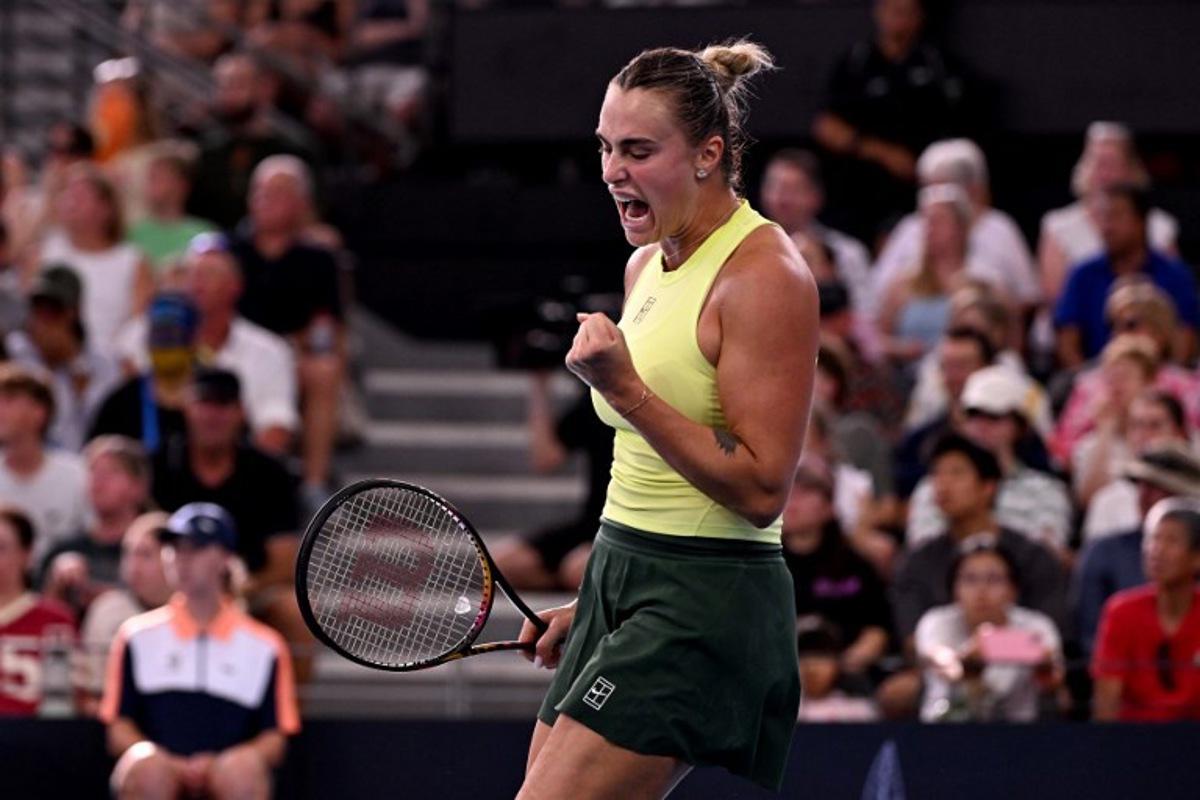 Aryna Sabalenka of Belarus reacts during the women's singles final against Marta Kostyuk of Ukraine at the Brisbane International tennis tournament in Brisbane on January 11, 2026.   William WEST / AFP