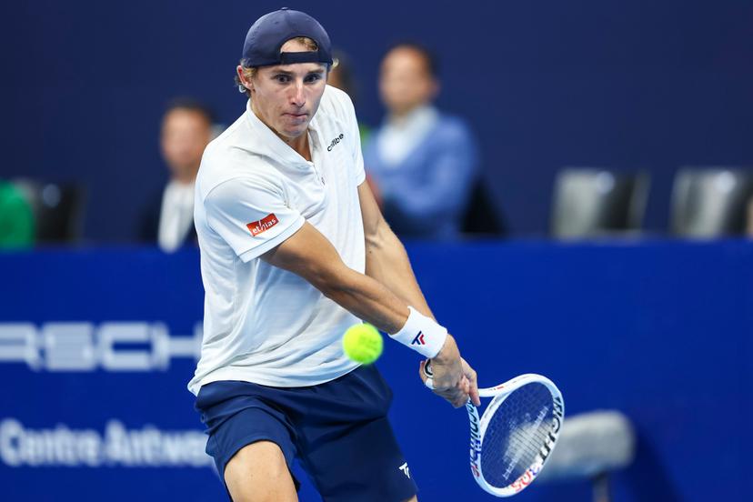 Belgian Emilien Demanet pictured in action during the qualifying phase of the European Open Tennis ATP tournament, in Antwerp, Sunday 13 October 2024. BELGA PHOTO DAVID PINTENS