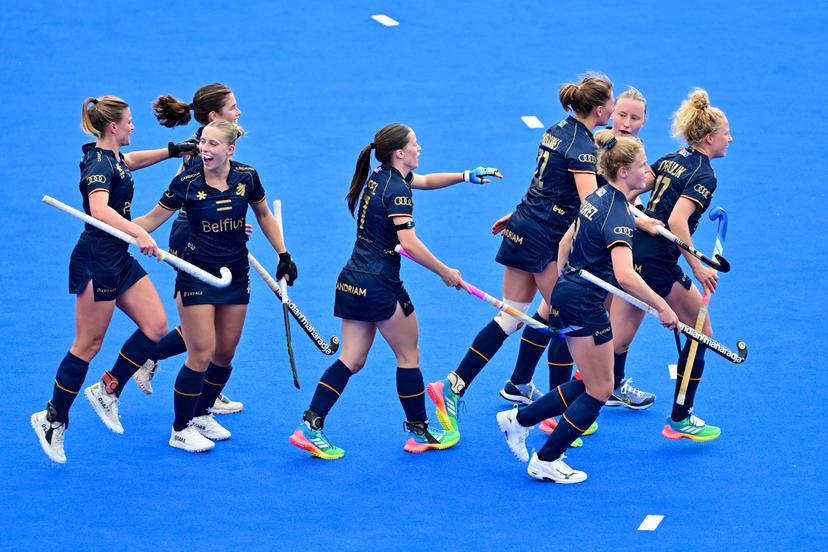 The Red Panthers celebrate after scoring during a hockey game between Belgium's Red Panthers and New Zealand, the first (out of three) matches during the group stage of the women 2026 Hockey World Cup, Sunday 16 August 2026 in Wavre. The 2026 edition of the Hockey World Cup takes place in Belgium and The Netherlands from August 15 to August 30. BELGA PHOTO DIRK WAEM