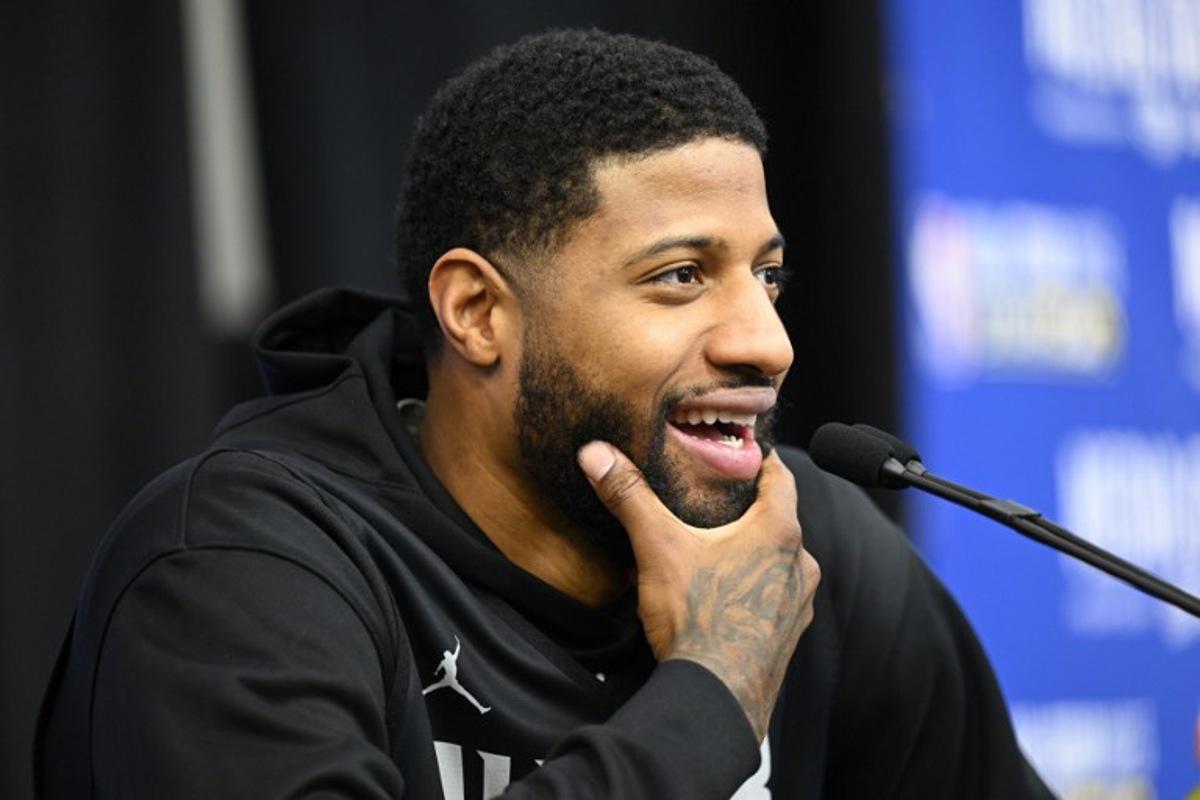 Basketball player Paul George, of the Los Angeles Clippers, speaks during a media availability as part of the 2023 NBA All-Star Weekend in Salt Lake City, Utah, on February 18, 2023.  Patrick T. Fallon / AFP
