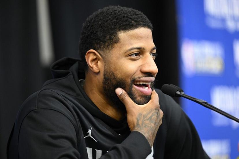 Basketball player Paul George, of the Los Angeles Clippers, speaks during a media availability as part of the 2023 NBA All-Star Weekend in Salt Lake City, Utah, on February 18, 2023.  Patrick T. Fallon / AFP