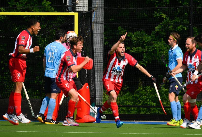 Leopold's Arthur Verdussen celebrates after scoring during a hockey game between Braxgata and Leopold, Saturday 17 May 2025 in Boom, in the semi-finals of the playoffs in the Belgian Hockey League men during the 2024-2025 season. BELGA PHOTO JOHN THYS