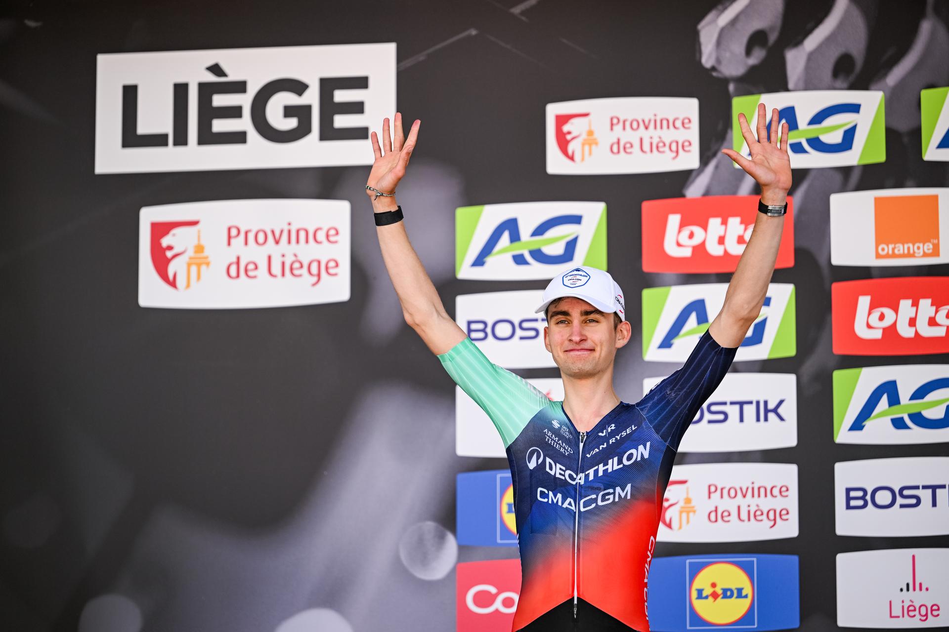 French Paul Seixas of Decathlon CMA CGM Team pictured on the podium after the men elite race of the Liege-Bastogne-Liege UCI World Tour one day cycling race, 259,5km from Liege, over Bastogne to Liege, Sunday 26 April 2026. BELGA PHOTO MAARTEN STRAETEMANS