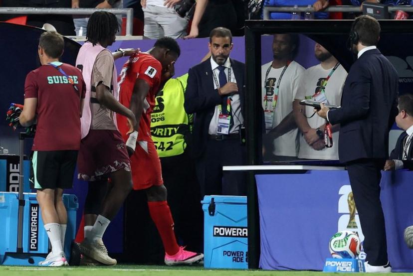 Switzerland's forward #07 Breel Embolo (3rd-L) reacts after he was sent off with a second yellow card during the 2026 World Cup football tournament quarter-final match between Argentina and Switzerland at the Kansas City Stadium in Kansas City on July 11, 2026.   Thomas COEX / AFP