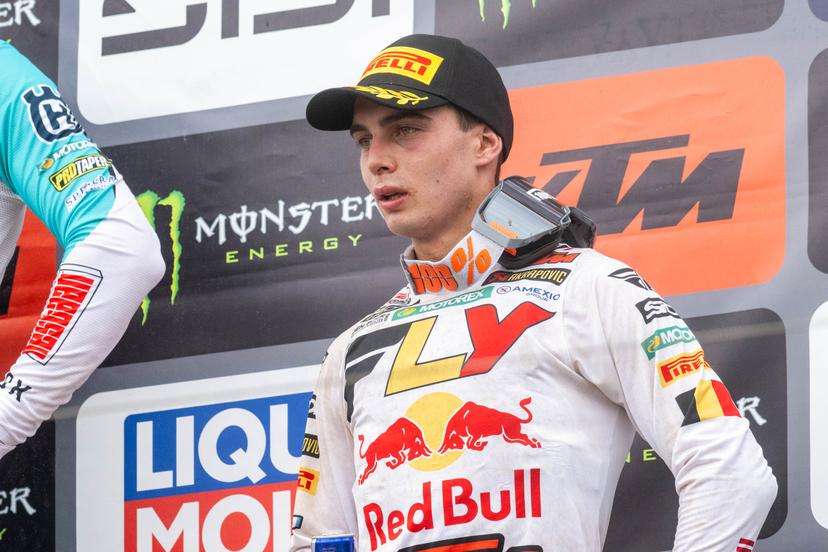 Belgium's Sacha Coenen pictured on the podium after the motocross MX2 Grand Prix Flanders, race 15/20 of the FIM Motocross World Championship, Sunday 03 August 2025 in Lommel. BELGA PHOTO JONAS ROOSENS