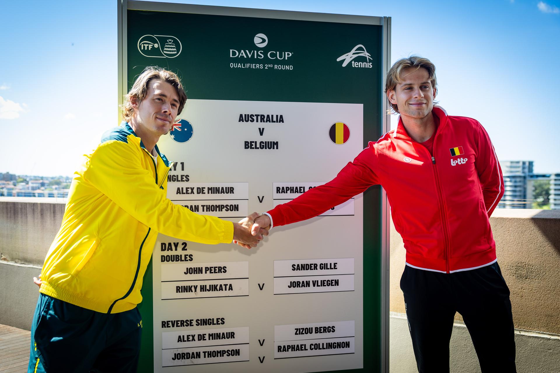 Australia's Alex De Minaur and Belgian Zizou Bergs pictured duringa the draw ahead of the Davis Cup qualifier between Australia and Belgium, Friday 12 September 2025, in Ken Rosewall Arena, Sydney, Australia. BELGA PHOTO PATRICK HAMILTON