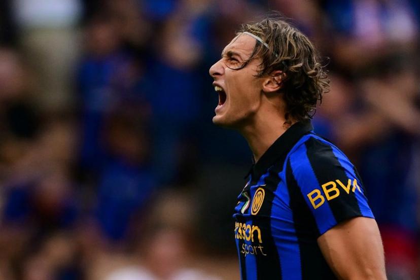 Inter Milan's Italian forward #94 Francesco Pio Esposito celebrates after scoring his team third goal during the Italian Serie A football match between Inter Milan and AC Monza at the San Siro stadium in Milan, northern Italy on August 22, 2026.  Marco Bertorello / AFP
