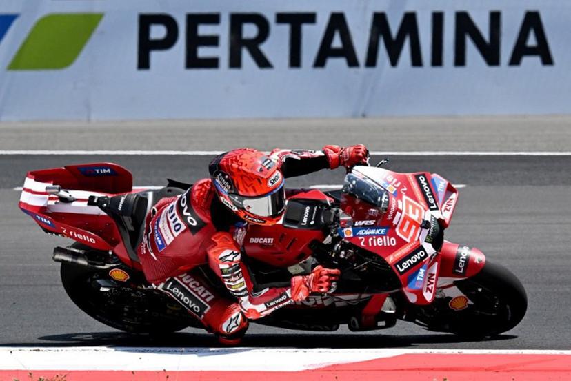 Ducati Lenovo Team rider Marc Marquez of Spain takes part in a free practice ahead of the MotoGP Indonesian Grand Prix at the Mandalika International Circuit in Mandalika on October 9, 2026.  SONNY TUMBELAKA / AFP
