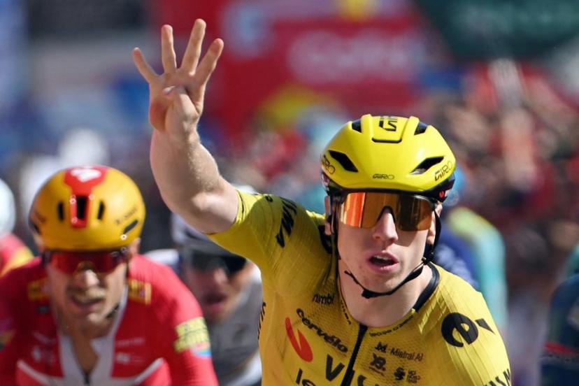 Team Visma-Lease a bike's British rider Matthew Brennan celebrates winning the 16th stage of the Vuelta a Espana 2026 cycling tour, a 181,1 km race between Cortegana and the Monastery of Santa Maria de la Rabida in Palos de la Frontera, on September 8, 2026.   JORGE GUERRERO / AFP