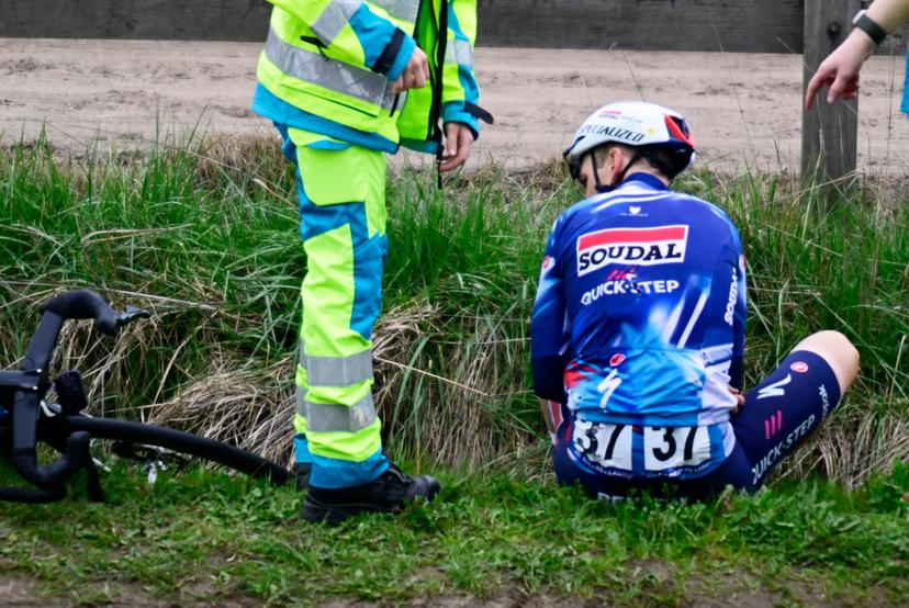 Belgian Dries Van Gestel of Soudal Quick-Step pictured after a fall during the 'E3 Saxo Bank Classic' one day cycling race, 208,8 km from and to Harelbeke, on Friday 28 March 2025. BELGA PHOTO DIRK WAEM