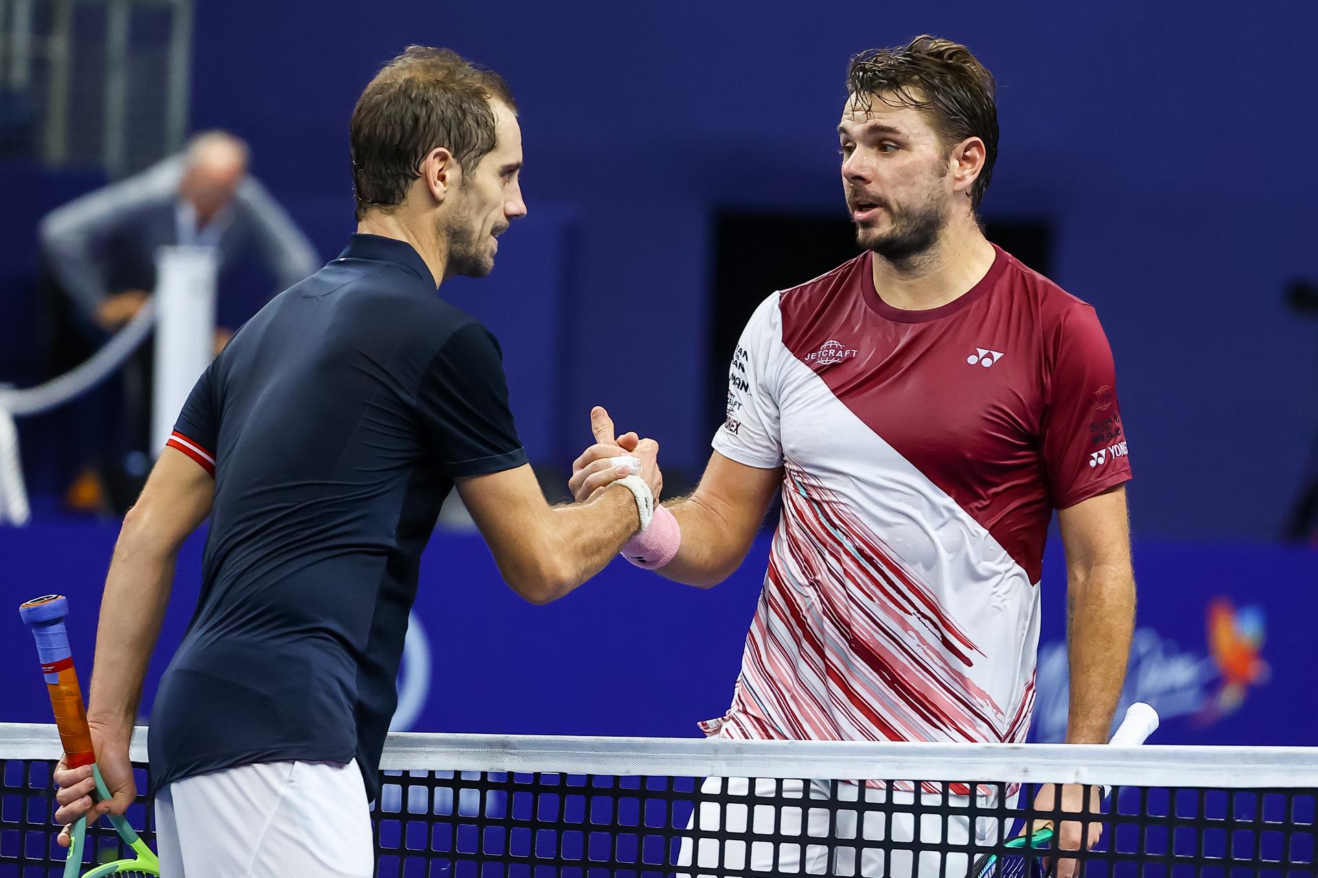 French Richard Gasquet celebrates winning his match the game between Swiss Wawrinka and French Gasquet at the European Open Tennis ATP tournament, in Antwerp, Monday 17 October 2022. BELGA PHOTO DAVID PINTENS