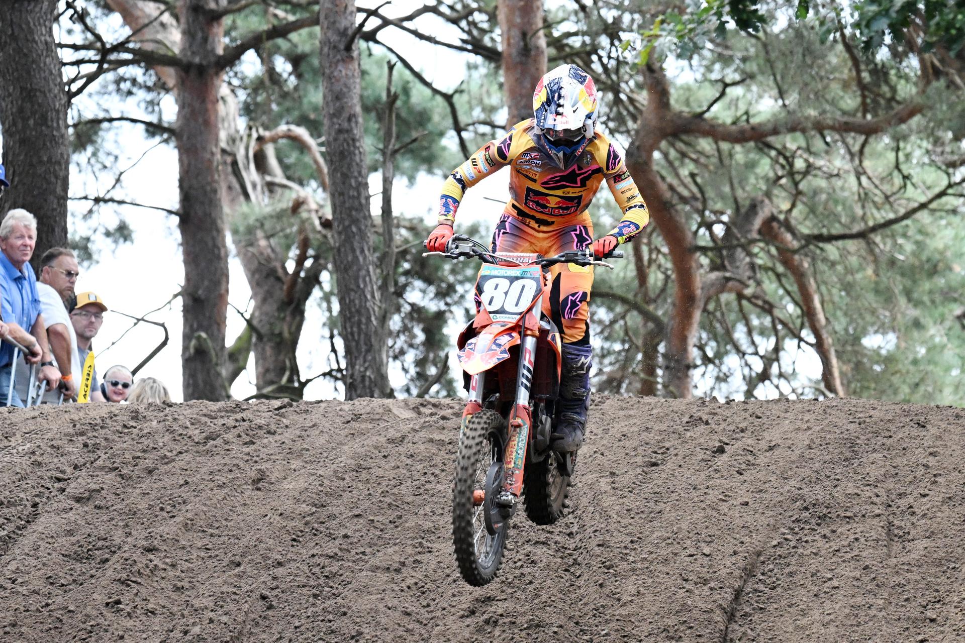 Italian Adamo Andrea pictured in action during the Belgian Championships motocross at Keiheuvel, in Balen, Thursday 15 August 2024. BELGA PHOTO MAARTEN STRAETEMANS