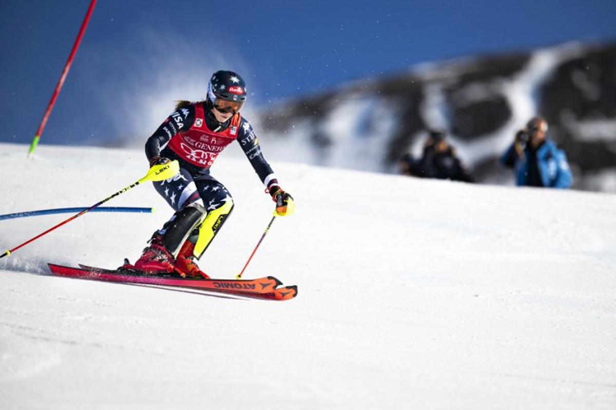 US' Mikaela Shiffrin competes in the first run of the Women's Slalom race during the FIS Ski World Cup event in Are, Sweden, on March 15, 2026.  Pontus LUNDAHL / TT News Agency / AFP