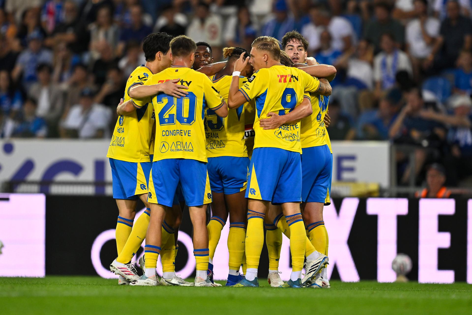 Westerlo's players celebrate after scoring during a soccer match between KRC Genk and KVC Westerlo, Saturday 15 August 2026 in Genk, on day 2 of the 2026-2027 'Jupiler Pro League' first division of the Belgian championship. BELGA PHOTO JOHAN EYCKENS