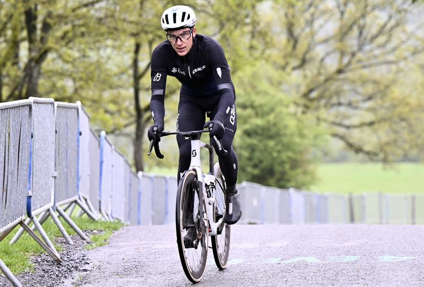 Canadian Nickolas Zukowsky of Q36.5 Pro Cycling Team pictured in action during a training and track reconnaissance session, on the 'Cote de la Redoute', in Remouchamps, Aywaille, ahead of the Liege-Bastogne-Liege one day cycling race, Thursday 24 April 2025. BELGA PHOTO ERIC LALMAND